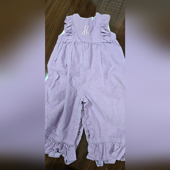 Charming Purple Ruffled Corduroy Overalls With A Monogram - Picture 3 of 3